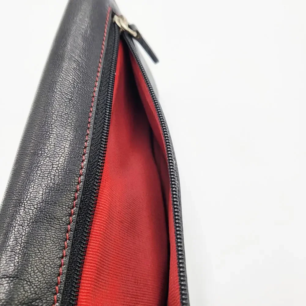 Vintage Tusk Black Red Genuine Leather Slim Trifold Snap Button Wallet Classic
